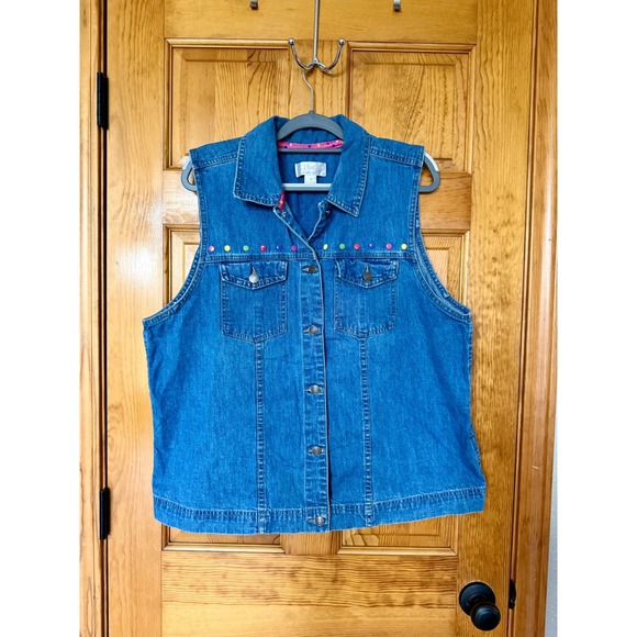 CJ Banks Denim Vest 1X Plus Size Sleeveless Embellished Button Front Vintage - Picture 1 of 6